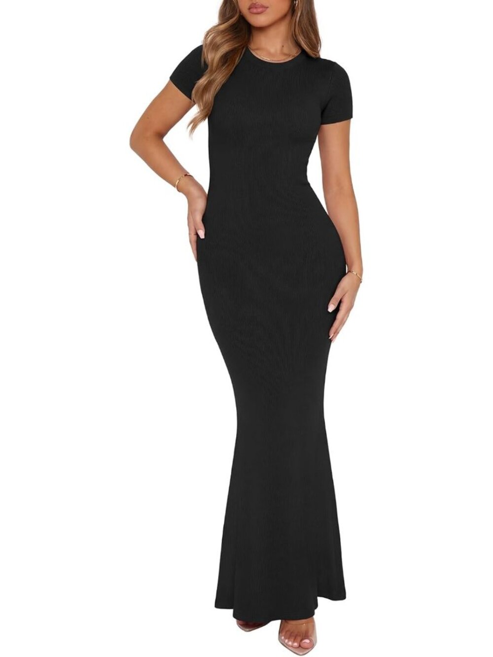 Women's Black Basic Summer Casual Lounge Long Dress Elegant Short Sleeve Maxi